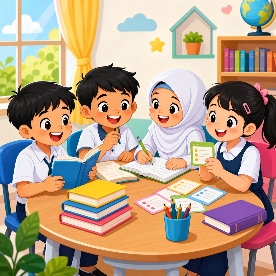 Ilustrasi murid seronok belajar