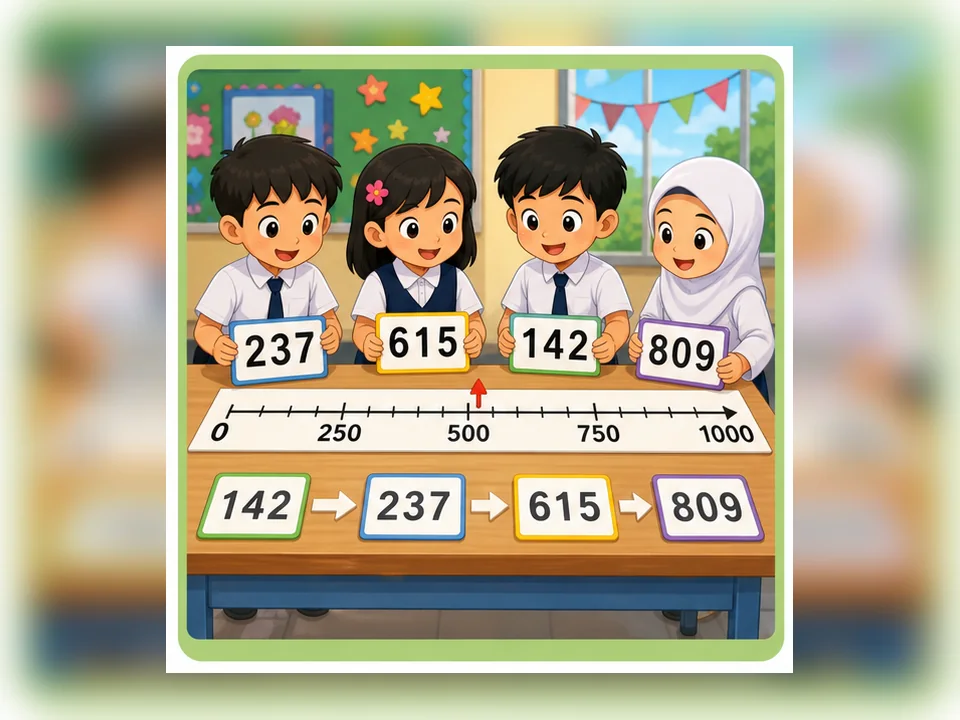 Ilustrasi kartun Matematik Tahun 2 Unit 1 Muka 3: Banding dan Susun Nombor