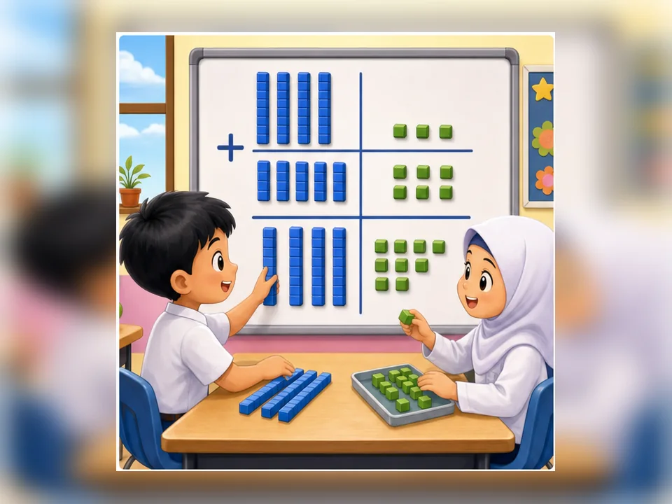Ilustrasi kartun Matematik Tahun 2 Unit 2 Muka 1: Tambah Dalam Bentuk Lazim