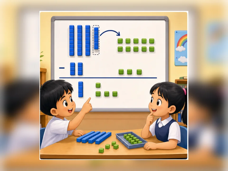 Ilustrasi kartun Matematik Tahun 2 Unit 2 Muka 2: Tolak Dalam Bentuk Lazim