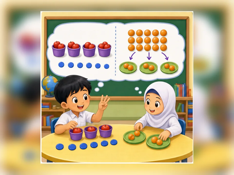 Ilustrasi kartun Matematik Tahun 2 Unit 2 Muka 3: Darab dan Bahagi