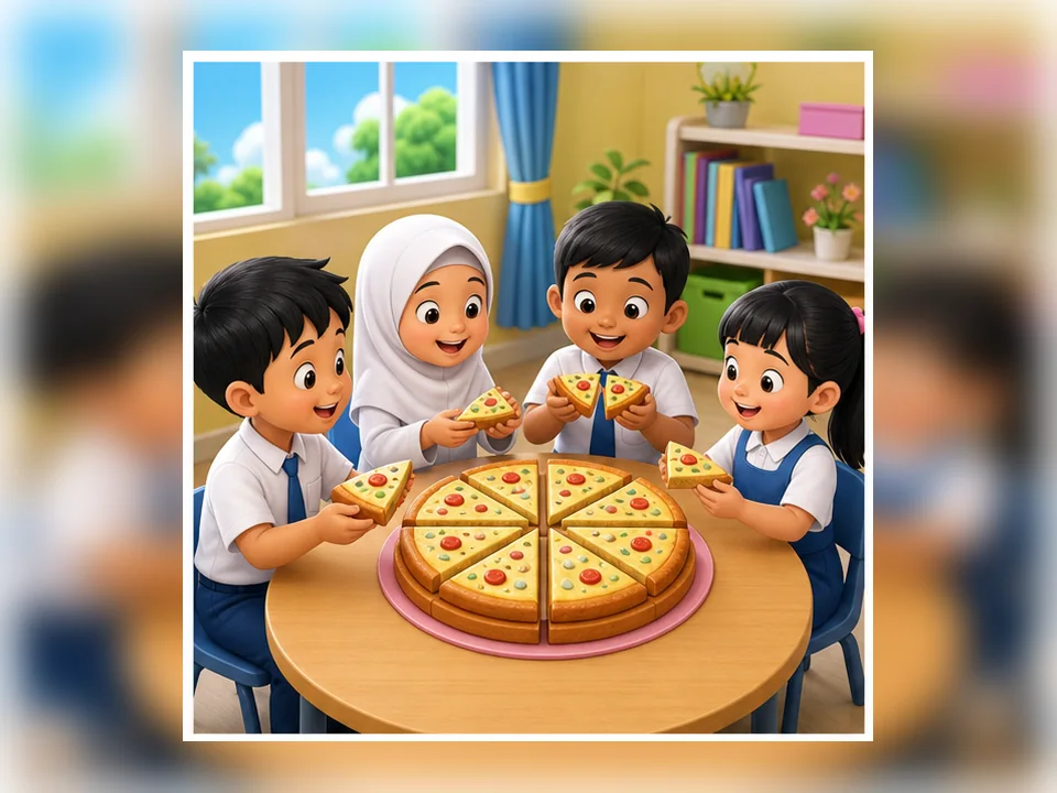 Ilustrasi kartun Matematik Tahun 2 Unit 3 Muka 1: Pecahan Sama Besar