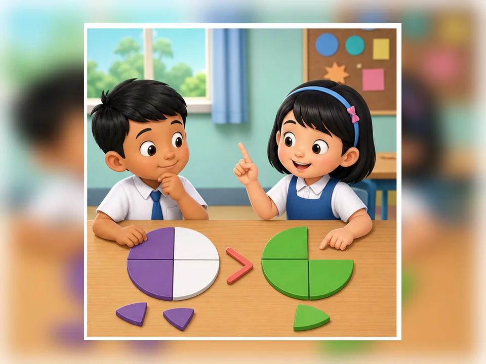 Ilustrasi kartun Matematik Tahun 2 Unit 3 Muka 2: Banding Pecahan Mudah