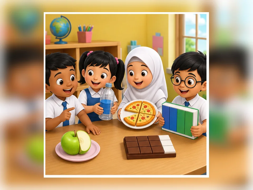 Ilustrasi kartun Matematik Tahun 2 Unit 3 Muka 4: Pecahan Dalam Kehidupan