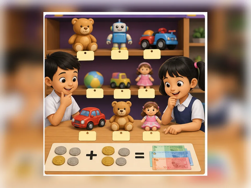Ilustrasi kartun Matematik Tahun 2 Unit 4 Muka 2: Tambah Wang