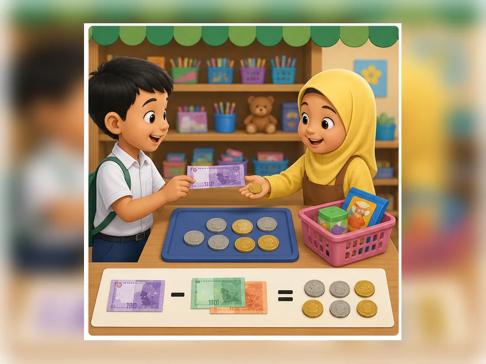 Ilustrasi kartun Matematik Tahun 2 Unit 4 Muka 3: Tolak Wang