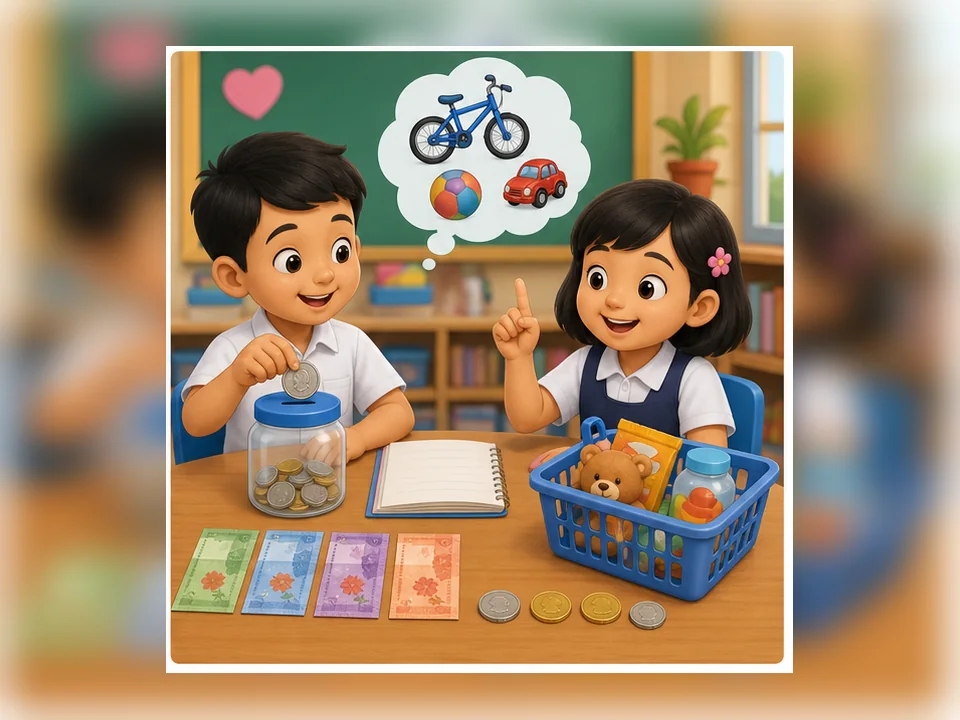 Ilustrasi kartun Matematik Tahun 2 Unit 4 Muka 4: Bijak Berbelanja