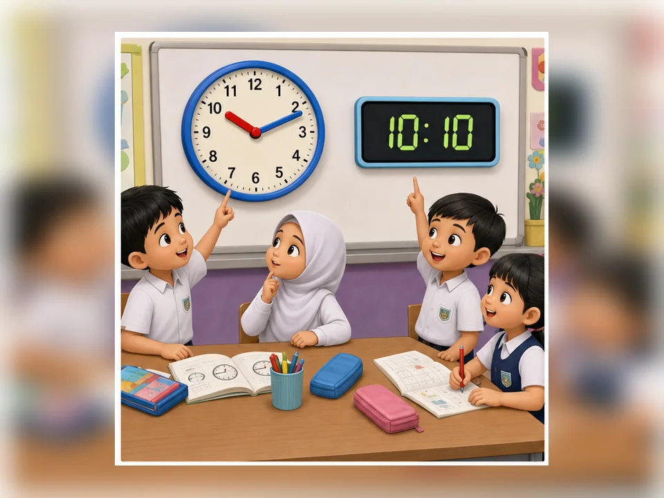 Ilustrasi kartun Matematik Tahun 2 Unit 5 Muka 1: Baca Jam