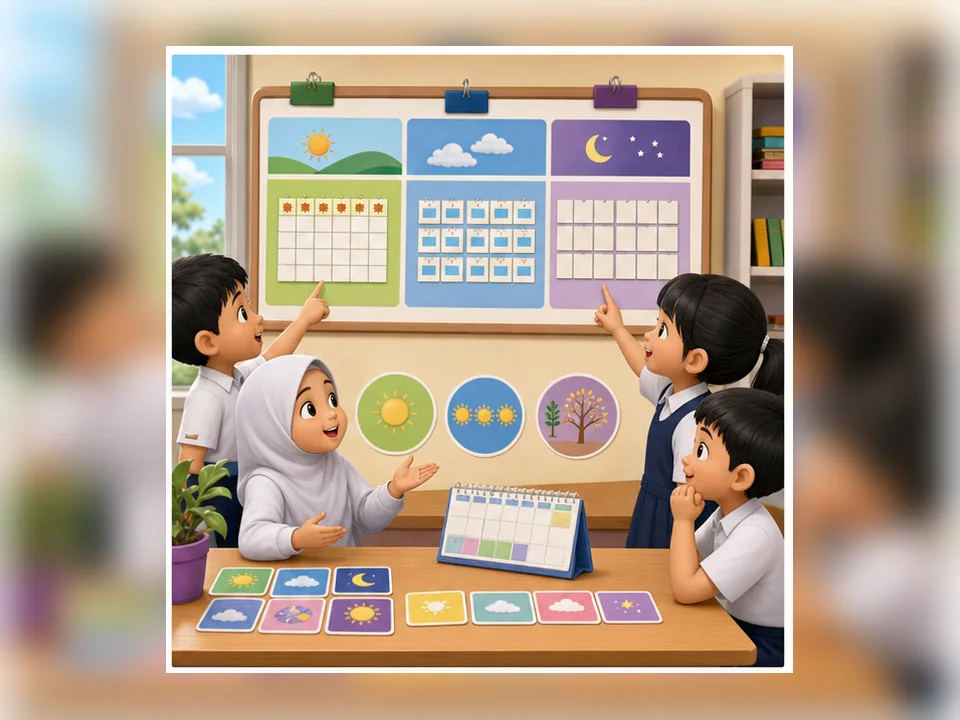 Ilustrasi kartun Matematik Tahun 2 Unit 5 Muka 2: Hari, Minggu dan Bulan