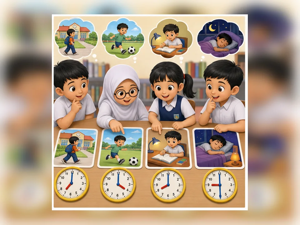 Ilustrasi kartun Matematik Tahun 2 Unit 5 Muka 4: Selesaikan Masalah Masa