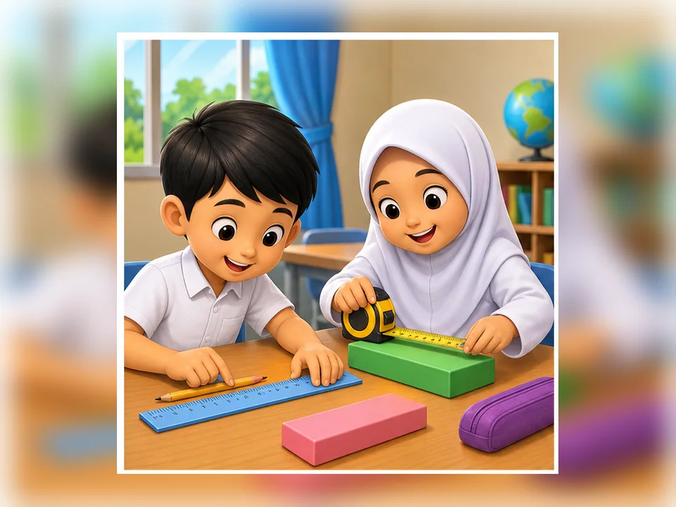 Ilustrasi kartun Matematik Tahun 2 Unit 6 Muka 1: Panjang