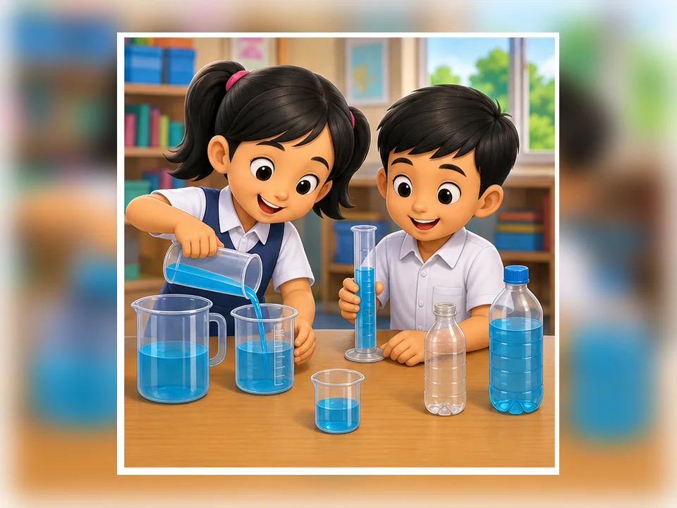 Ilustrasi kartun Matematik Tahun 2 Unit 6 Muka 3: Isi Padu Cecair