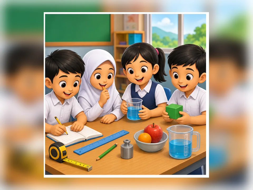 Ilustrasi kartun Matematik Tahun 2 Unit 6 Muka 4: Masalah Ukuran