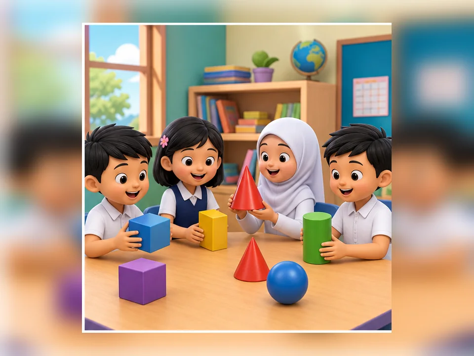 Ilustrasi kartun Matematik Tahun 2 Unit 7 Muka 2: Bentuk Tiga Dimensi