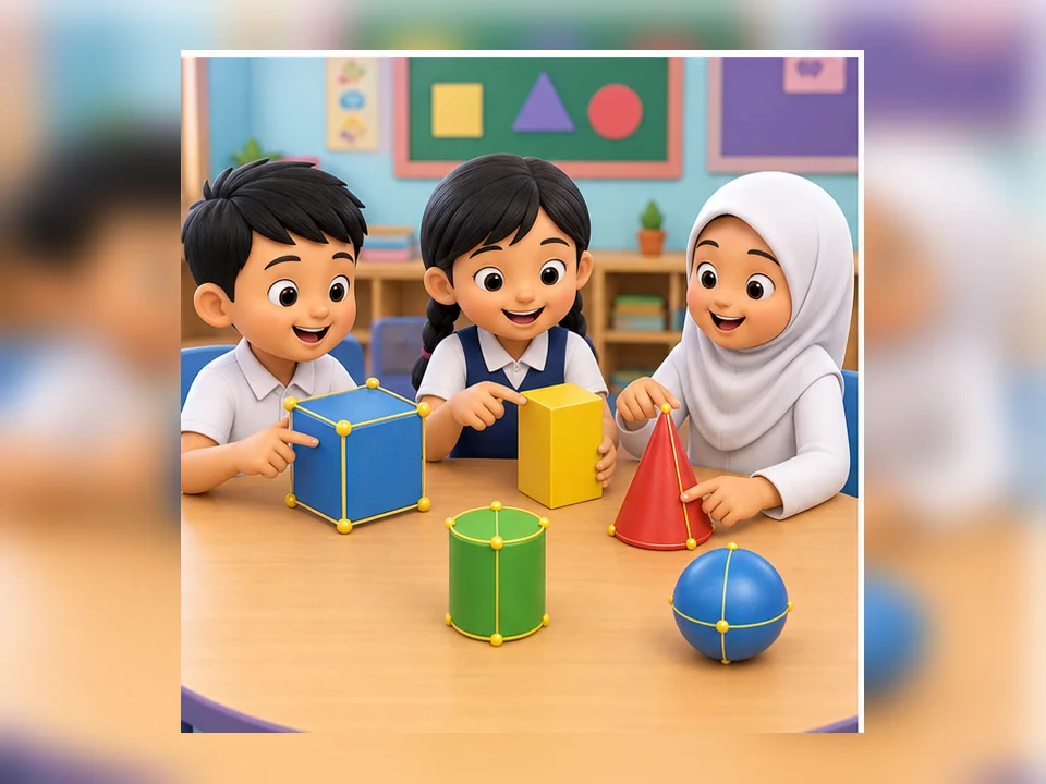 Ilustrasi kartun Matematik Tahun 2 Unit 7 Muka 3: Ciri Bentuk