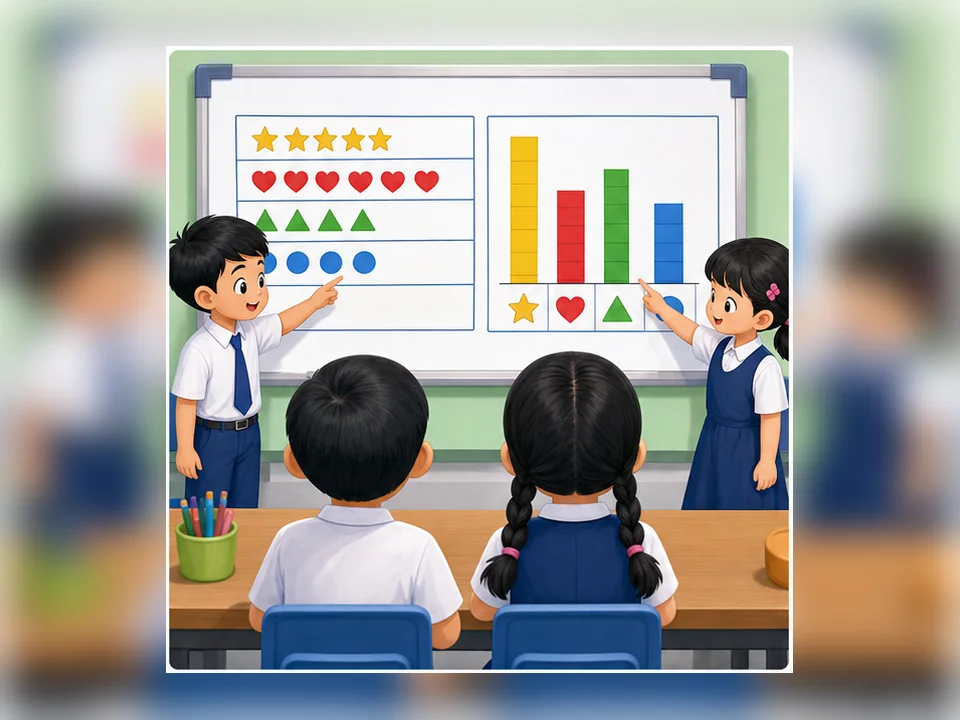 Ilustrasi kartun Matematik Tahun 2 Unit 8 Muka 3: Piktograf dan Carta Palang