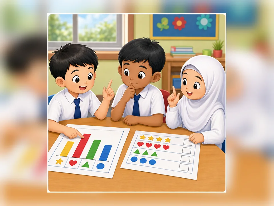 Ilustrasi kartun Matematik Tahun 2 Unit 8 Muka 4: Mentafsir Data
