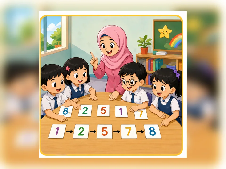 Ilustrasi kartun Matematik Tahun 3 Unit 1 Muka 2: Banding dan Susun Nombor