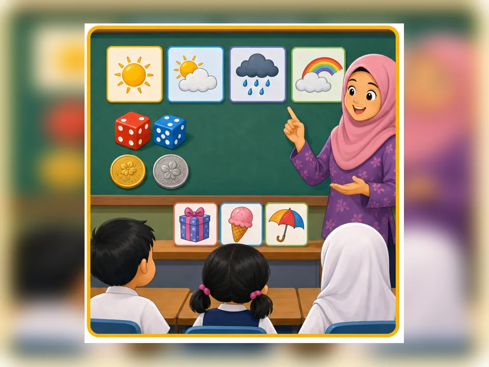 Ilustrasi kartun Matematik Tahun 3 Unit 10 Muka 4: Selesaikan Masalah Kebolehjadian