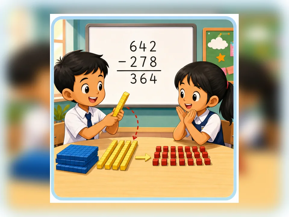 Ilustrasi kartun Matematik Tahun 3 Unit 2 Muka 2: Operasi Tolak