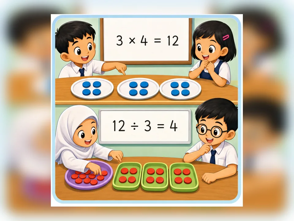 Ilustrasi kartun Matematik Tahun 3 Unit 2 Muka 3: Operasi Darab dan Bahagi