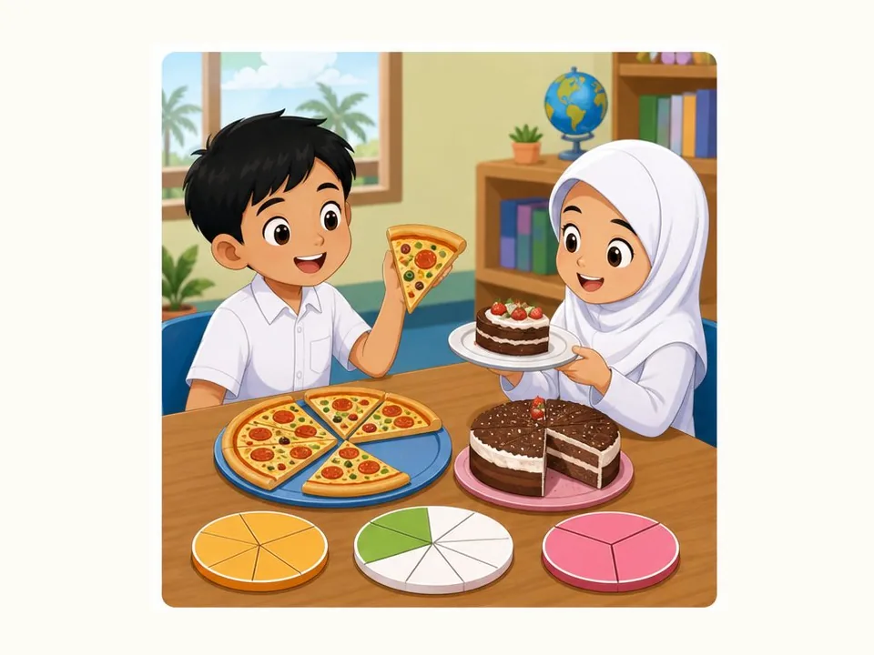 Ilustrasi kartun Matematik Tahun 3 Unit 3 Muka 1: Kenal Pecahan