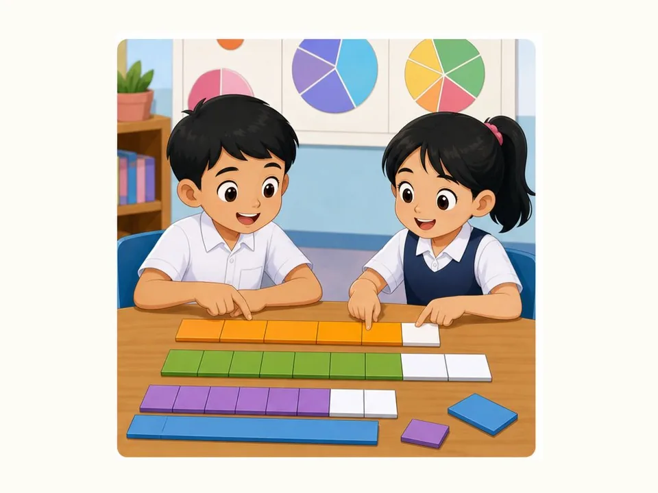 Ilustrasi kartun Matematik Tahun 3 Unit 3 Muka 2: Tambah dan Tolak Pecahan