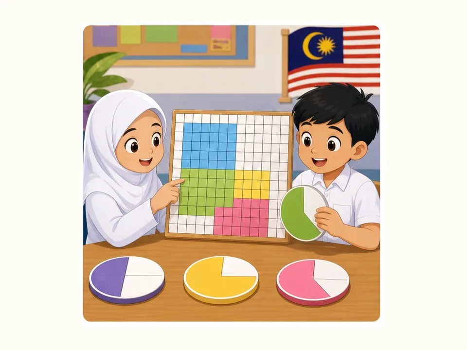 Ilustrasi kartun Matematik Tahun 3 Unit 3 Muka 4: Kenal Peratus