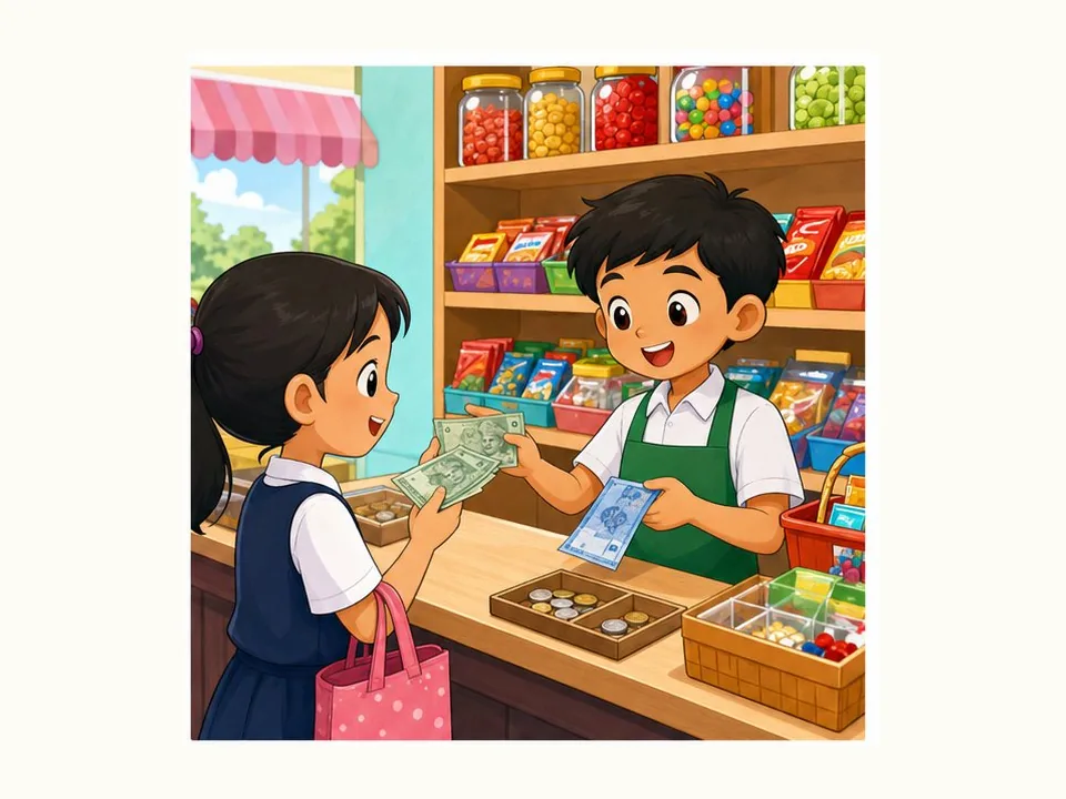 Ilustrasi kartun Matematik Tahun 3 Unit 4 Muka 2: Tambah Wang