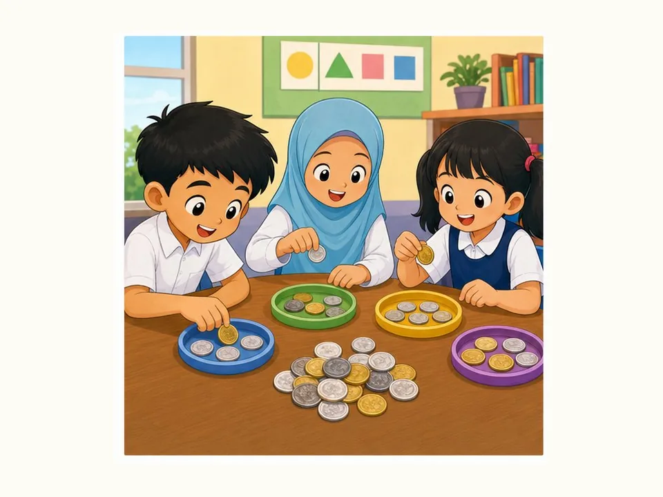 Ilustrasi kartun Matematik Tahun 3 Unit 4 Muka 3: Tolak Wang dan Baki