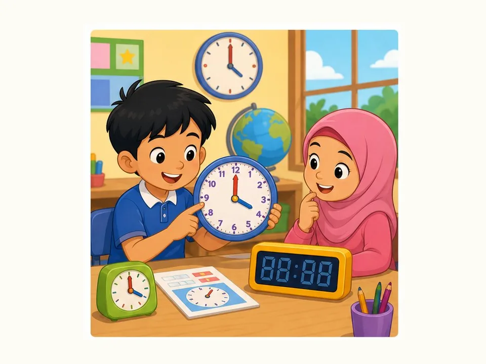 Ilustrasi kartun Matematik Tahun 3 Unit 5 Muka 1: Baca Masa