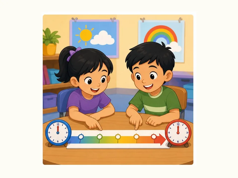 Ilustrasi kartun Matematik Tahun 3 Unit 5 Muka 2: Kira Tempoh Masa