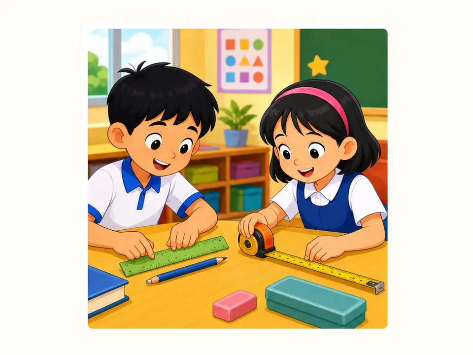 Ilustrasi kartun Matematik Tahun 3 Unit 6 Muka 1: Panjang