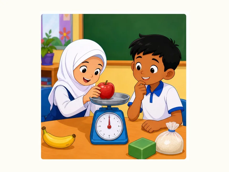 Ilustrasi kartun Matematik Tahun 3 Unit 6 Muka 2: Jisim