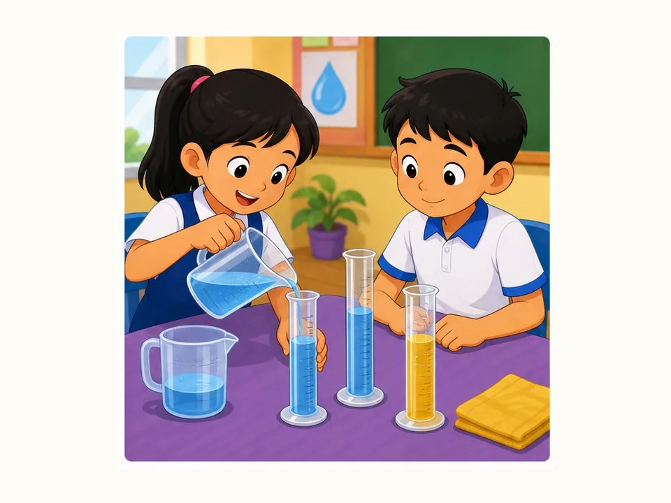 Ilustrasi kartun Matematik Tahun 3 Unit 6 Muka 3: Isi Padu Cecair