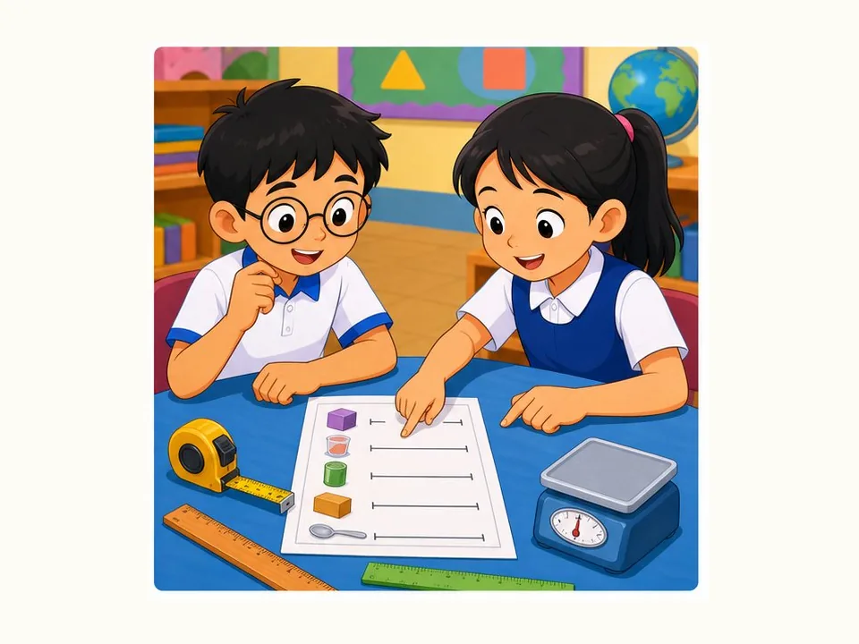 Ilustrasi kartun Matematik Tahun 3 Unit 6 Muka 4: Penyelesaian Masalah Ukuran
