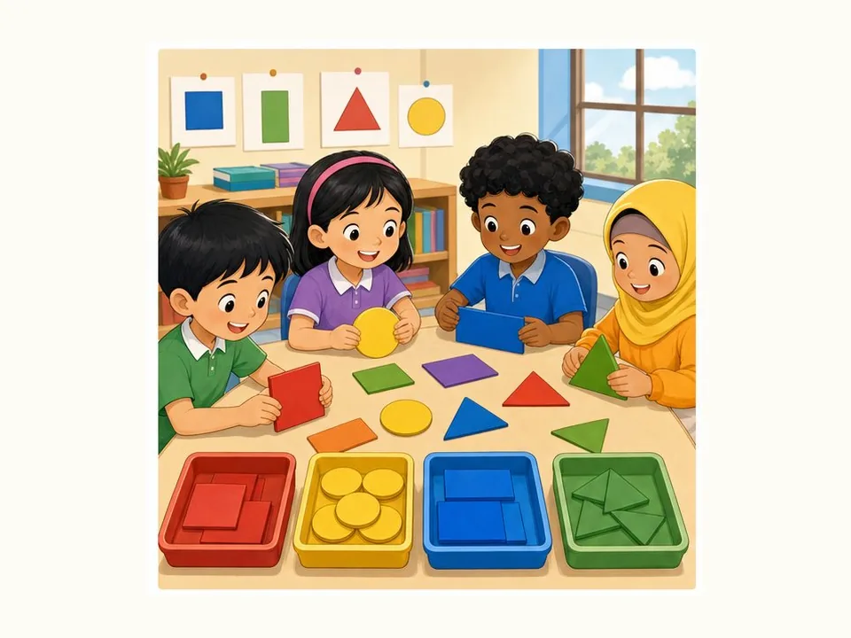 Ilustrasi kartun Matematik Tahun 3 Unit 7 Muka 1: Bentuk Dua Dimensi
