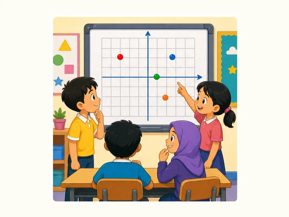 Ilustrasi kartun Matematik Tahun 3 Unit 8 Muka 1: Kenal Koordinat