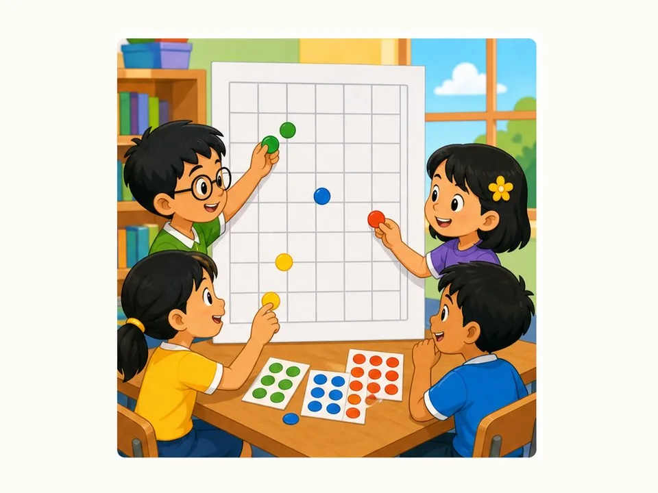 Ilustrasi kartun Matematik Tahun 3 Unit 8 Muka 2: Pergerakan pada Grid