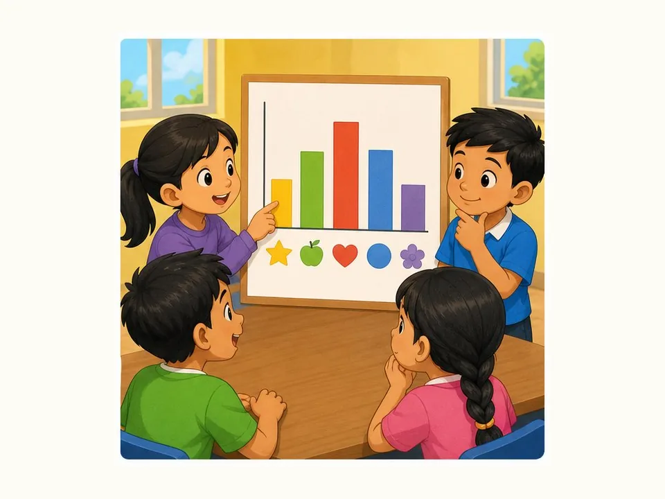 Ilustrasi kartun Matematik Tahun 3 Unit 9 Muka 4: Tafsir dan Jawab Soalan Data