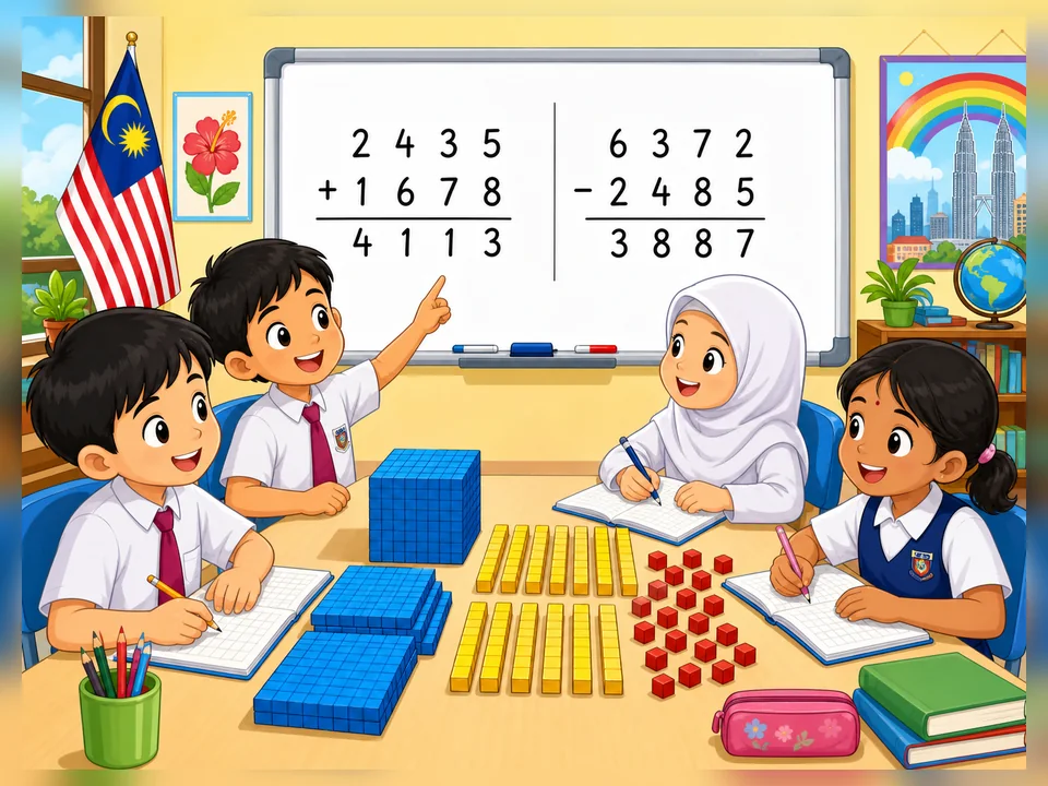 Murid belajar tambah dan tolak nombor bulat dalam bentuk lazim