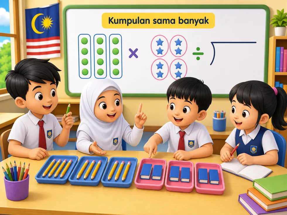 Murid belajar darab dan bahagi menggunakan kumpulan sama banyak