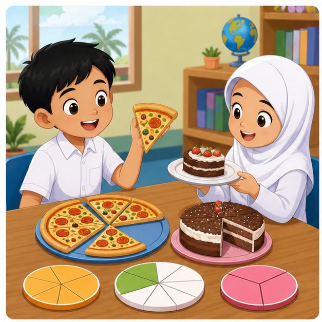 Murid belajar pecahan dan nombor bercampur menggunakan potongan makanan