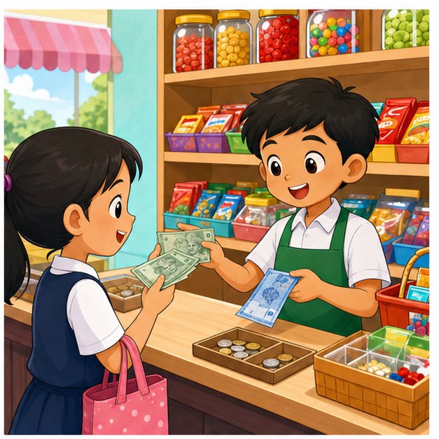 Murid belajar tambah dan tolak wang di kedai mini