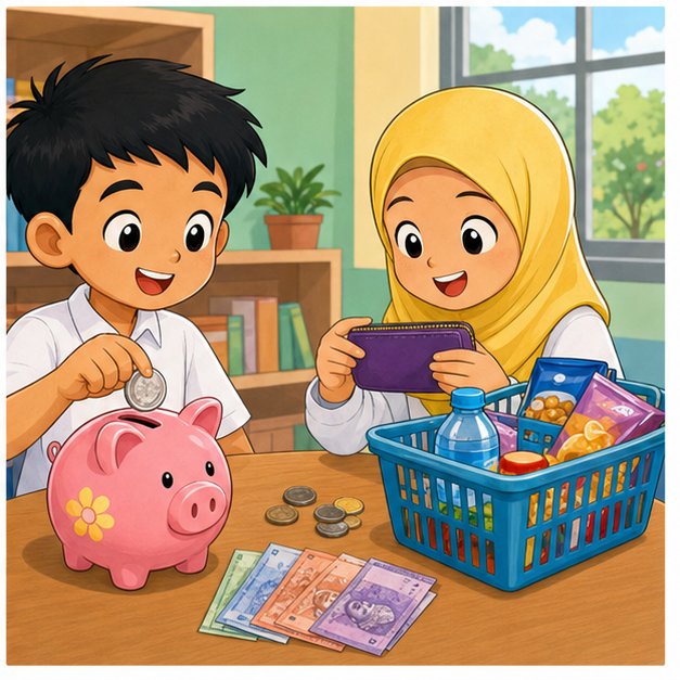 Murid belajar simpanan dan perbelanjaan dengan tabung