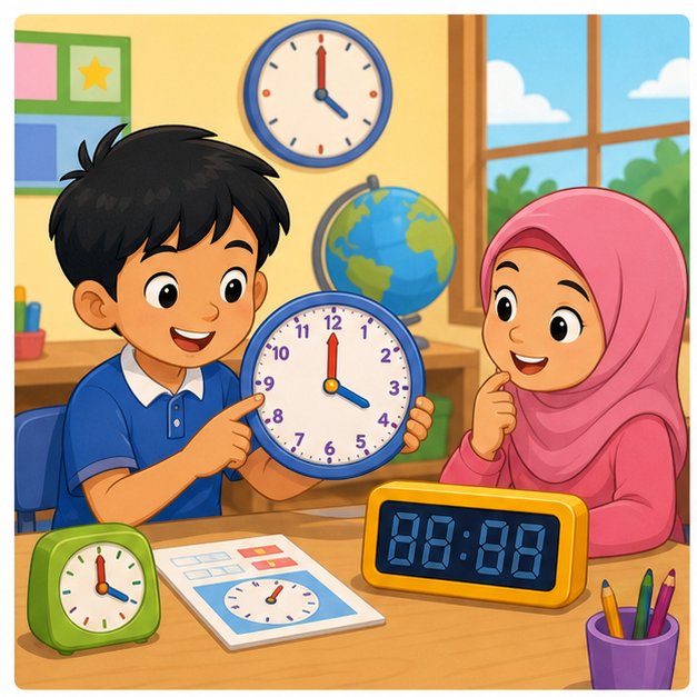 Murid membaca waktu menggunakan jam analog dan digital