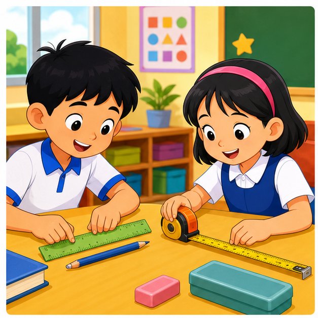 Murid mengukur panjang menggunakan pembaris dan pita ukur