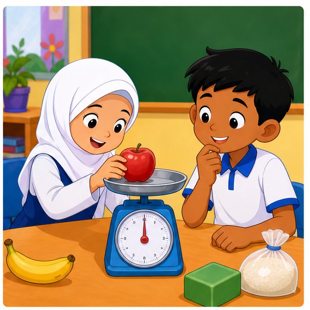 Murid mengukur jisim menggunakan alat penimbang