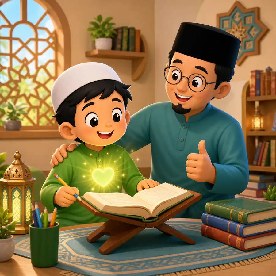 Kartun murid tenang belajar al-Quran