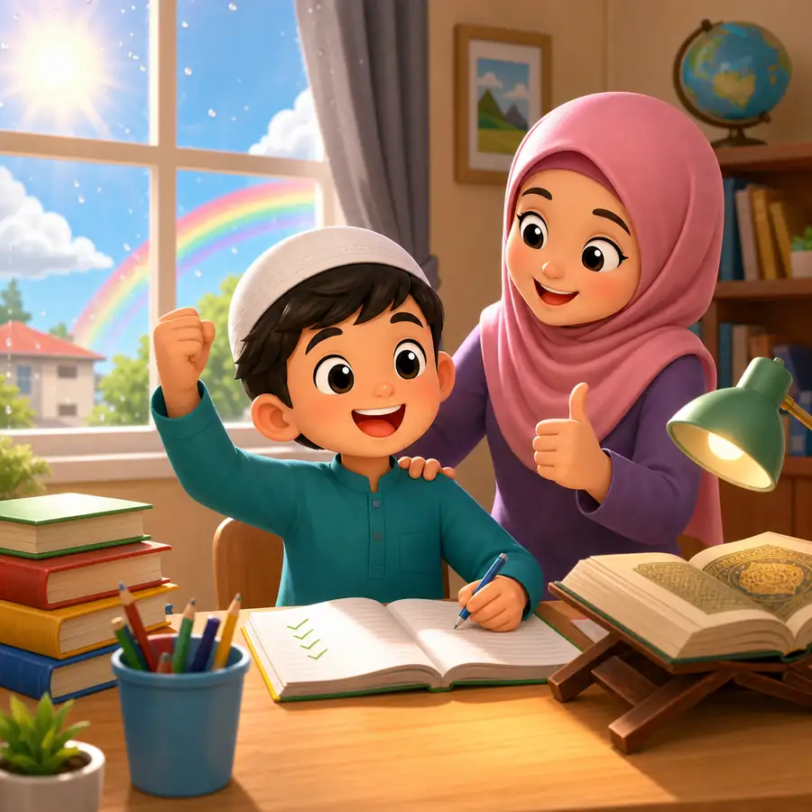 Kartun murid gembira selepas berusaha